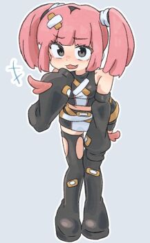 Rule 34 | 1girl, :3, asymmetrical legwear, bandaid, bandaid on head, bare shoulders, belt, black choker, black pantyhose, black shirt, black skirt, blue eyes, blunt bangs, blush, breasts, choker, collarbone, coral (pokemon), crossed bandaids, fang, highres, long sleeves, looking at viewer, midriff, navel, nintendo, off-shoulder shirt, off shoulder, open mouth, pantyhose, parted lips, pink hair, pokemon, pokemon (anime), pokemon horizons, sagami sagari, shirt, simple background, skin fang, skirt, sleeves past fingers, sleeves past wrists, small breasts, smile, solo, twintails, uneven legwear, wide hips, yellow belt