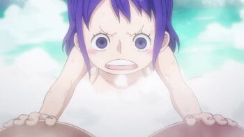 2girls age_difference animated animated_gif anime_screenshot bouncing_breasts breasts grabbing_another&#039;s_breast groping huge_breasts kurozumi_tama multiple_girls nami_(one_piece) nude one_piece open_mouth purple_eyes purple_hair steam water wet wet_hair