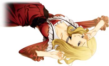 1girl arm_up artist_request black_choker blonde_hair blue_eyes breasts choker code_geass code_geass:_lost_stories collarbone dress female_focus frilled_dress frills game_cg half-closed_eyes hand_up highres long_sleeves lying medium_breasts medium_hair milly_ashford non-web_source official_art on_back parted_bangs parted_lips red_dress sidelocks simple_background solo transparent_background