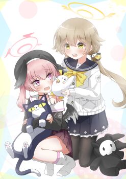 Rule 34 | 2girls, :d, absurdres, beret, black hat, black pantyhose, black sailor collar, black shirt, black skirt, blue archive, blush, bow, bowtie, brown hair, cardigan, commentary request, crossed arms, eyes visible through hair, full body, hair between eyes, hair ornament, halo, hat, hifumi (blue archive), highres, holding, holding stuffed toy, kaorun (momiji hourensou), kneeling, koharu (blue archive), long hair, looking at another, loose socks, low twintails, miniskirt, multiple girls, no shoes, open mouth, pantyhose, peroro (blue archive), pink eyes, pink hair, pink halo, pleated skirt, red skirt, sailor collar, school uniform, serafuku, shirt, simple background, skirt, skullman (blue archive), sleeves past wrists, smile, socks, squatting, stuffed animal, stuffed bird, stuffed cat, stuffed toy, sweatdrop, teeth, thighs, trinity general school logo, twintails, upper teeth only, wavecat (blue archive), white background, white cardigan, white sailor collar, white socks, wing hair ornament, winged halo, yellow bow, yellow bowtie, yellow eyes, yellow halo