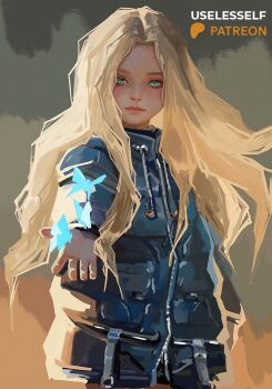 1girl aqua_eyes blonde_hair blue_butterfly blue_coat bug butterfly closed_mouth coat commentary cowboy_shot diana_(pragmata) drawstring english_commentary grey_background insect lips long_hair long_sleeves looking_at_viewer open_hand padded_coat patreon_logo patreon_username pragmata puffy_coat solo standing useless_elf