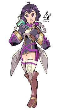 1girl 2020 :o ahoge black_dress book boots breasts brown_boots caliginousarts commentary cup disposable_cup dress drink drinking_straw english_commentary eyes_of_grima female_morgan_(fire_emblem) fire_emblem fire_emblem_awakening fire_emblem_heroes gloves gold_trim hands_up highres holding holding_book holding_cup holding_drink knee_boots long_sleeves looking_at_viewer medium_breasts nintendo official_alternate_costume open_mouth purple_eyes purple_hair short_dress short_hair sweatdrop thick_thighs thighhighs thighs underbust white_thighhighs