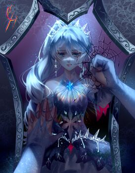 1girl artist_name bare_shoulders blue_dress blue_eyes broken_mirror coconuthound detached_sleeves dress earrings hair_ornament hand_on_mirror highres ice jewelry long_hair looking_at_mirror mirror ponytail reflection rwby scar scar_across_eye scar_on_face solo weiss_schnee white_hair