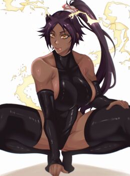 1girl bare_shoulders black_leotard black_thighhighs bleach bleach:_sennen_kessen-hen breasts collarbone dark-skinned_female dark_skin detached_sleeves electricity electrokinesis female_focus hair_ears hair_ornament hand_on_own_thigh hzujustin large_breasts leotard licking_lips long_hair parted_bangs ponytail purple_hair shihouin_yoruichi simple_background spread_legs squatting thighhighs thighs tongue tongue_out white_background yellow_eyes