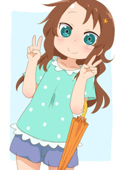 1girl blue_background blue_shorts border brown_hair cowboy_shot double_v flower green_eyes green_shirt hair_flower hair_ornament highres kobayashi-san_chi_no_maidragon long_hair looking_at_viewer outside_border polka_dot polka_dot_shirt saikawa_riko samansa_ex shirt shorts smile solo standing umbrella v white_border
