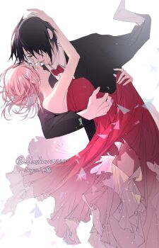 1boy 1girl arm_around_neck arm_around_waist bare_arms bare_shoulders black_hair black_jacket black_suit bow bowtie breasts collared_shirt couple dancing dress formal_clothes green_eyes hair_over_one_eye haruno_sakura hetero highres jacket long_dress looking_at_another medium_breasts mushroomuaa naruto_(series) open_mouth parted_lips pink_hair red_bow red_bowtie red_dress shirt smile strapless strapless_dress suit suit_jacket twintails uchiha_sasuke white_background white_shirt