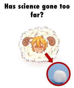 1girl :3 blonde_hair commentary cotton_ball don_quixote_(project_moon) english_commentary english_text hair_between_eyes has_science_gone_too_far?_(meme) heishou_pack-wei_branch_(identity)_(project_moon) highres horns limbus_company meme momka_art project_moon sheep_horns short_hair solo white_background wool yellow_eyes