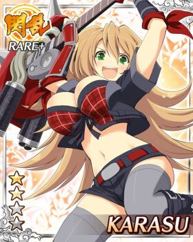1girl :d arm_guards arms_up black_coat black_shorts border breasts brown_hair card_(medium) character_name coat crop_top cropped_coat electric_guitar english_text game_cg green_eyes grey_thighhighs guitar holding holding_guitar holding_instrument instrument karasu_(senran_kagura) large_breasts long_hair looking_at_viewer midriff navel official_art open_mouth plaid_clothes plaid_vest red_vest senran_kagura senran_kagura_new_wave shorts skindentation smile solo thighhighs vest