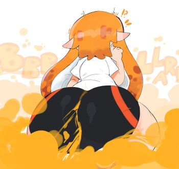 !? 1girl ass ass_focus dirty fart female_focus gas highres huge_ass inkling inkling_girl inkling_player_character kyojiri_loli loli long_hair nintendo novacartridge orange_hair shirt shorts sitting smell smelly_anus solo solo_focus splatoon_(series) splatoon_1 surprised tight_clothes wet_fart