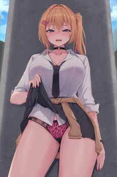 1girl animal_print black_choker black_necktie black_skirt blonde_hair blue_eyes blush breasts cardigan cardigan_around_waist choker cleavage clothes_around_waist clothes_lift collared_shirt colored_inner_hair commentary_request cowboy_shot from_below gyaru half-closed_eyes heartsix highres lace lace-trimmed_panties lace_trim large_breasts leopard_print leopard_print_panties lifting_own_clothes long_hair looking_at_viewer loose_necktie multicolored_hair nail_polish necktie o-ring o-ring_choker open_mouth original outdoors panties partially_unbuttoned pink_nails pink_panties pleated_skirt print_panties scrunchie shirt side_ponytail skirt skirt_lift solo underwear white_shirt