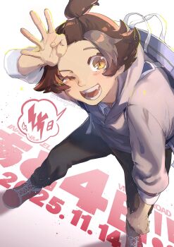 1boy acidity_lattice black_pants brown_eyes brown_hair dated grey_hoodie highres hood hoodie inazuma_eleven_(series) inazuma_eleven_victory_road kisoji_heita looking_at_viewer male_focus one_eye_closed open_mouth pants red_shoes shoes short_hair solo speech_bubble teeth