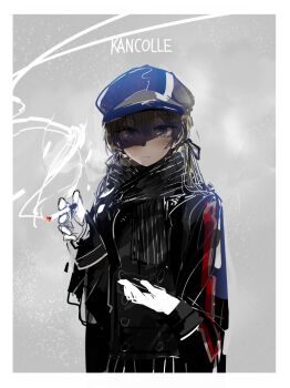 1girl black_ribbon black_sclera blonde_hair border cigarette closed_mouth colored_sclera copyright_name custom_(cus-tom) gloves grey_background grey_hat hair_ribbon hat holding holding_cigarette jacket kantai_collection long_sleeves looking_at_viewer peaked_cap prinz_eugen_(kancolle) ribbon scarf simple_background smoke smoking solo upper_body white_border white_gloves