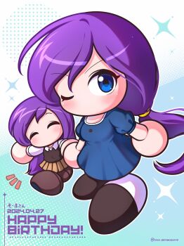 2024 2girls amatsuki_isuzu amatsuki_sayaka black_vest blue_dress blue_eyes brown_shoes brown_skirt closed_eyes commentary_request dress hand_grab happy_birthday highres jikkyou_powerful_pro_yakyuu jikkyou_powerful_pro_yakyuu_(style) long_hair looking_at_viewer low_ponytail mother_and_daughter multicolored_shoes multiple_girls no_mouth one_eye_closed parmesan_(zan_parmesanne) ponytail power_pro_kun_pocket power_pro_kun_pocket_14 purple_hair rayman_limbs shirt shoes skirt sparkle twitter_username two-tone_shoes vest white_shirt white_shoes