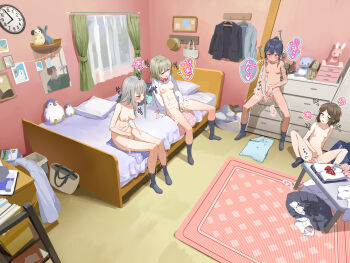 4girls absurdres analog_clock aqua_bra aqua_panties bag bar_censor bed bedroom blush bow bowtie bra bra_lift breasts breasts_apart brown_hair censored chest_of_drawers clock closed_eyes clothes_lift commentary_request completely_nude curtains dildo excessive_pussy_juice female_masturbation fingering grey_hair grey_skirt grey_socks group_masturbation highres indoors legs_apart lemontyoisy_r18 long_hair masturbation medium_breasts medium_hair motion_blur motion_lines multiple_girls navel nipples no_shoes nude on_bed on_floor open_clothes open_mouth open_shirt original panties petite pink_bra pink_panties pussy pussy_juice red_bow red_bowtie rug school_bag school_uniform sex_toy shirt short_hair sidelocks sitting skirt small_breasts socks sound_effects speech_bubble spread_legs standing stomach stuffed_animal stuffed_toy sweat table towel translation_request underwear unworn_bowtie unworn_bra unworn_panties unworn_shirt unworn_skirt wet wet_clothes wet_panties wet_spot white_shirt window yellow_bra yellow_panties