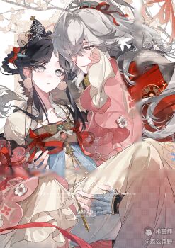 1boy 1girl absurdres black_hair breasts closed_mouth dress grey_eyes grey_hair highres holding honkai:_star_rail honkai_(series) japanese_clothes jing_yuan kimono long_sleeves oc_x_canon original sash senmesenye white_hair