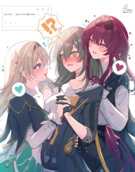 !? 3girls @_@ black_gloves black_hairband black_jacket blush breasts collarbone commentary_request eyewear_on_head firefly_(honkai:_star_rail) girl_sandwich gloves grey_hair hairband hand_on_another&#039;s_shoulder hand_on_another&#039;s_waist heart highres holding_hands honkai:_star_rail honkai_(series) interlocked_fingers jacket kafka_(honkai:_star_rail) large_breasts long_hair multiple_girls open_mouth parted_lips purple_eyes purple_gloves purple_hair ranran_3939 request_inset sandwiched shirt smile spoken_heart spoken_interrobang stelle_(honkai:_star_rail) sunglasses sweat trailblazer_(honkai:_star_rail) white_shirt yellow_eyes yuri