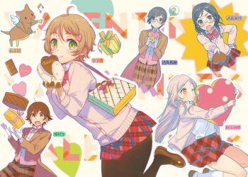 10s 2boys 3girls bag black_eyes black_hair black_socks brown_hair candy character_name chocolate chocolate_heart food gift glasses gloves green_hair hair_ornament hata_kousaku heart heart_hair_ornament highres kamatori_kei kamatori_rei kippu kneehighs long_hair multiple_boys multiple_girls nakazawa_minori no-rin official_art one_eye_closed orange_eyes pantyhose pink_hair ribbon school_uniform short_hair skirt socks sweater translated valentine wakadanna_(no-rin) white_legwear yoshida_kochou