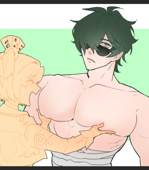 absurdres annoyed bandages bare_pectorals burnice_white green_eyes green_hair highres large_pectorals lighter_(zenless_zone_zero) looking_up muscular muscular_male pectoral_cleavage pectoral_focus pectoral_grab pectorals sunglasses vill_leta zenless_zone_zero
