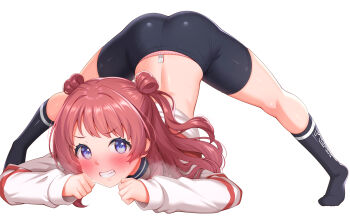 Rule 34 | 1girl, bike shorts, black socks, blue eyes, clenched teeth, commentary request, double bun, gakuen idolmaster, hair bun, hanami saki, highres, idolmaster, jack-o' challenge, jacket, long sleeves, looking at viewer, red hair, simple background, smile, socks, solo, teeth, top-down bottom-up, white background, white jacket, zirba