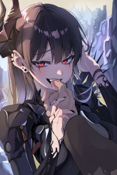 1boy 1girl armor behemoth_(nikke) black_armor black_bodysuit black_eyeshadow black_hair black_horns black_lips black_liquid black_nails bodysuit boobplate breastplate breasts brown_jacket commander_(nikke) commentary ear_piercing eyeshadow finger_in_another's_mouth goddess_of_victory:_nikke hair_between_eyes hand_up hetero highres horns jacket kererovie large_breasts licking licking_finger liquid_clothes long_hair long_sleeves looking_at_viewer makeup open_mouth piercing red_eyes saliva sharp_teeth sidelocks smile solo_focus standing teeth tongue tongue_out upper_body upper_teeth_only
