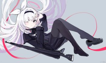 Rule 34 | 1girl, artist name, black coat, black hairband, black pantyhose, black sailor collar, black serafuku, black shoes, black skirt, blue archive, blush, bow, braid, bright pupils, chinese commentary, closed mouth, coat, commentary request, finger frame, floating hair, full body, grey background, grey eyes, gun, hair bow, hair ornament, hair over one eye, hairband, halo, highres, knees up, loafers, long hair, long sleeves, looking at viewer, multicolored hair, neckerchief, open clothes, open coat, pantyhose, pink hair, pink halo, plana (blue archive), pleated skirt, red pupils, sailor collar, school uniform, serafuku, shoe dangle, shoes, side braid, simple background, single braid, single shoe, sketch, skirt, solo, two-tone hair, umbrella gun, very long hair, weapon, white bow, white hair, white neckerchief, xiao bailong