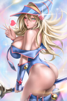 1girl artist_name ass bare_shoulders between_buttocks between_legs blonde_hair blowing_kiss blue_footwear blue_hat blue_leotard blush_stickers breasts cleavage curvy dark_magician_girl duel_monster from_side green_eyes hair_between_eyes hat heart highleg highleg_leotard highres holding holding_wand huge_ass large_breasts leotard long_hair looking_at_viewer looking_to_the_side one_eye_closed solo thong_leotard wand wizard_hat wtparadise yu-gi-oh!