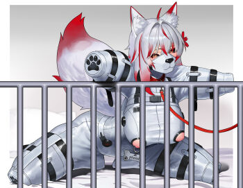 1girl absurdres ahoge animal_ear_fluff animal_ears bdsm bed bitchsuit black_sclera bondage bound bound_arms bound_legs breasts collar colored_sclera elegia gradient_hair grey_hair highres human_dog large_breasts leash looking_at_viewer mask mouth_mask multicolored_hair nipple_cutout nipple_piercing nipple_rings on_bed orange_eyes original pet_play piercing pillow red_hair slave solo tail two-tone_hair variant_set viewer_holding_leash wolf_ears wolf_girl wolf_tail