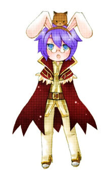 1boy :o animal animal_ears animal_on_head belt black-framed_eyewear blue_eyes brown_belt brown_cat brown_shoes cape cat cat_on_head commentary_request fake_animal_ears full_body glasses halftone high_wizard_(ragnarok_online) looking_at_viewer male_focus on_head open_mouth pants pince-nez purple_hair rabbit_ears ragnarok_online red_cape round_eyewear semi-rimless_eyewear shirt shoes short_hair simple_background solo under-rim_eyewear white_background white_pants white_shirt yumekui_(another)