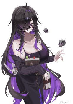 1girl absurdres bags_under_eyes belt black-framed_eyewear black_cardigan black_dress black_hair blush book breasts brown_belt cardigan cardigan_partially_removed cleavage closed_mouth colored_inner_hair commentary dress floating_skull glasses goddess_of_victory:_nikke hair_over_one_eye highres holding holding_book label_(nikke) large_breasts long_hair looking_at_viewer mole mole_on_breast multicolored_hair purple_eyes purple_hair purple_streaks shouyou_(egcr8334) simple_background solo stuffed_animal stuffed_rabbit stuffed_toy sweat two-tone_hair very_long_hair white_background