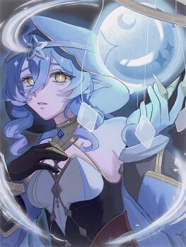 1girl bags_under_eyes bare_shoulders black_gloves blue_hair blue_hood blue_sleeves circlet claws crescent detached_sleeves drill_hair drill_sidelocks genshin_impact gloves gold_collar highres hood hood_up layla_(genshin_impact) long_hair looking_at_viewer orb parted_lips pointy_ears sidelocks solo talrupaaa upper_body