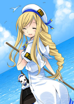 Rule 34 | 00s, 1girl, :d, ^ ^, alicia florence, aria (manga), aria pokoteng, ass, bad id, bird, blonde hair, blouse, blush, boat, braid, cat, closed eyes, dress, female focus, from behind, gondola, hat, horizon, kishiri toworu, long hair, looking back, miyao ryuu, ocean, open mouth, seagull, shirt, smile, solo, turning head, water, watercraft, white shirt