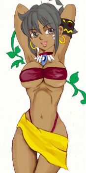 1girl armlet armpits arms_behind_head arms_up atlus bandeau bandeau_bikini bikini black_hair breasts cleavage dark-skinned_female dark_skin earrings etrian_odyssey facial_mark grey_eyes highleg highleg_swimsuit highres jewelry large_breasts legs navel necklace one_eye_closed ponytail sarong shilleka smile solo strapless swimsuit thighs thong_bikini tribal underboob wink yuriko_(pixiv116191)