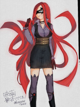 1girl arm_at_side artist_request asymmetrical_bangs black_boots black_choker blouse blue_eyes boku_no_hero_academia boots breasts buttons choker collared_shirt corset curled_fingers domino_mask eye_mask eyelashes female_focus gloves hair_over_one_eye hand_up highres japanese_text jewelry knee_boots legs lips living_hair long_hair long_sleeves looking_to_the_side mask medium_breasts miniskirt necklace orange_hair pearl_necklace prehensile_hair purple_shirt purple_thighhighs red_gloves shirt sidelocks signature skirt slice_(boku_no_hero_academia) smirk standing thighhighs thighs tight_clothes tight_shirt traditional_media turning_head very_long_hair