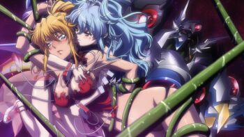 10s 2girls alfimi blonde_hair blue_hair excellen_browning female_focus light_blue_hair long_hair multiple_girls ponytail screencap super_robot_wars super_robot_wars_og_the_inspector super_robot_wars_original_generation super_robot_wars_original_generation_2 tagme torn_clothes yuri