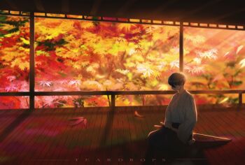 1boy artist_name autumn_leaves between_legs black_hair black_pants bokken chinese_commentary closed_eyes commentary_request falling_leaves from_side hand_between_legs highres indoors japanese_clothes kimono leaf long_sleeves male_focus original pants seiza shadow short_hair sitting socks solo sunlight sunset sword teardrops_(user_vgvd7733) tree weapon white_kimono white_socks wide_shot wooden_floor wooden_sword
