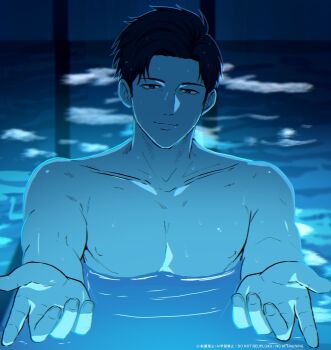 Rule 34 | 1boy, black hair, closed mouth, collarbone, commentary, english commentary, fingernails, highres, hyakuemu, i'll teach you everything (chainsaw man), light smile, looking at viewer, male focus, nipples, nude, nusushito, partially submerged, pectorals, scene reference, short hair, skinny dipping, solo, togashi (hyakuemu), upper body, watermark, wet, wet hair