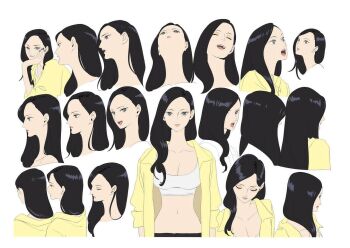 1girl asymmetrical_bangs black_hair black_pants blue_eyes breasts closed_eyes closed_mouth collarbone commentary crop_top curvy english_commentary expression_chart hair_over_shoulder head_rest kojima_takashi large_breasts long_hair midriff multiple_expressions multiple_views narrow_waist navel nico_robin official_art one_piece one_piece_heroines open_clothes open_shirt pants parted_bangs pink_lips reference_sheet shirt simple_background smile straight_hair white_background white_shirt wide_hips wing_collar yellow_shirt