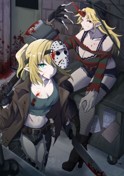 2girls a_nightmare_on_elm_street alternate_costume asymmetrical_dual_wielding axe belt black_bra black_footwear black_hat black_shorts blonde_hair blood blood_on_breasts blood_on_face boots bra breasts brown_belt claws cleavage commentary_request cosplay cowboy_shot dual_wielding dumpster fishnet_thighhighs fishnets freddy_krueger freddy_krueger_(cosplay) freddy_vs._jason friday_the_13th fugaku_(miko_no_miyatsuguchi) full_body green_eyes green_shirt green_tank_top grin half_updo hat high_heel_boots high_heels highres hockey_mask holding holding_axe holding_machete horns hoshiguma_yuugi jason_voorhees jason_voorhees_(cosplay) large_breasts long_hair looking_at_viewer machete mask mask_on_head medium_breasts medium_hair midriff mizuhashi_parsee multiple_girls navel open_mouth pointy_ears red_horns red_shirt shirt short_shorts shorts single_horn sitting smile standing star_(symbol) striped_clothes striped_shirt tank_top thighhighs torn_clothes torn_shirt touhou underwear