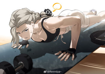 1girl absurdres ass barbell black_gloves black_sports_bra blue_eyes braid braided_ponytail breasts exercising fingerless_gloves gloves grey_hair heixiu highres looking_at_viewer luo_xiaohei_zhanji luye_(the_legend_of_luoxiaohei) parted_lips push-ups rrr_(reason) shadow shoes shorts small_breasts solo sports_bra sweat white_shorts