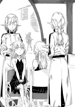 2girls :o aiz_wallenstein bare_arms bare_shoulders brushing_hair chair closed_eyes closed_mouth coat comb dress dungeon_ni_deai_wo_motomeru_no_wa_machigatteiru_darou_ka elf greyscale haimura_kiyotaka hand_in_another&#039;s_hair highres holding holding_comb long_hair low_ponytail mirror monochrome multiple_girls novel_illustration official_art own_hands_together parted_lips pointy_ears ponytail reflection riveria_ljos_alf sitting sleeveless sleeveless_dress standing sword_oratoria third-party_source