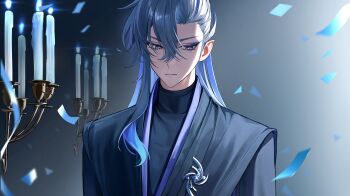 1boy absurdres asymmetrical_bangs black_jacket black_shirt blue_eyeshadow blue_fire blue_hair candelabra candle candlestand closed_mouth commentary_request confetti eyeshadow fire frown genshin_impact hair_between_eyes highres hoyofair indoors jacket long_hair makeup male_focus multicolored_hair neuvillette_(genshin_impact) official_art parted_bangs pointy_ears purple_eyes shirt sjamki solo streaked_hair turtleneck upper_body white_hair