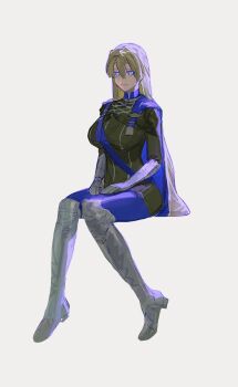 Rule 34 | 1girl, blue cape, blue eyes, breasts, cape, dimitri alexandre blaiddyd, fire emblem, fire emblem: three houses, garreg mach monastery uniform, genderswap, genderswap (mtf), highres, invisible chair, large breasts, long hair, looking at viewer, nintendo, pantyhose, sitting, solo, ykim01989882
