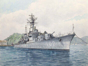 6+boys anchor atelier_bono blue_sky cannon cloud commentary_request destroyer highres japan_maritime_self-defense_force japan_self-defense_force japanese_flag jds_yukikaze_(dd-102) mast military military_uniform military_vehicle multiple_boys naval_uniform naval_working_uniform ocean original outdoors painting_(medium) ship ship_turret sky smokestack traditional_media vehicle_focus warship watercolor_(medium) watercraft