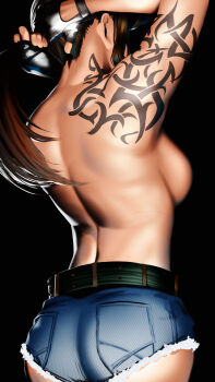 1girl absurdres adjusting_hair adun_madun arm_tattoo ass belt black_background black_belt black_lagoon breasts brown_hair commentary cowboy_shot denim facing_away fingerless_gloves from_behind gloves highres medium_breasts neck_tattoo no_shirt ponytail revy_(black_lagoon) short_shorts shorts sideboob simple_background solo standing tattoo