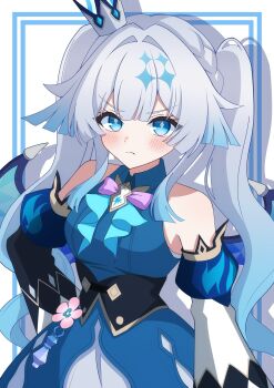 Rule 34 | 1girl, annoyed, asymmetrical sleeves, black sleeves, blue dress, blue eyes, blue hair, blush, bokutaaaa, bow, bowtie, breasts, cerydra (honkai: star rail), closed mouth, corset, cowboy shot, crown, detached sleeves, diamond-shaped pupils, diamond (shape), dress, frown, gradient hair, hair flaps, hair intakes, hand on own hip, hashtag-only commentary, highres, honkai: star rail, honkai (series), long hair, looking at viewer, medium breasts, mini crown, mismatched sleeves, multicolored hair, purple bow, purple bowtie, sidelocks, sleeveless, sleeveless dress, solo, symbol-shaped pupils, twintails, two-tone hair, v-shaped eyebrows, white hair, white sleeves