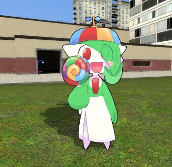 3d blush_stickers candy crossover food full_body gardevoir gen_3_pokemon hair_over_one_eye hat looking_at_viewer melfunnysmell nintendo no_humans outdoors pokemon pokemon_(creature) propeller_hat red_eyes sanic sky smile sonic_(series) sonic_the_hedgehog standing