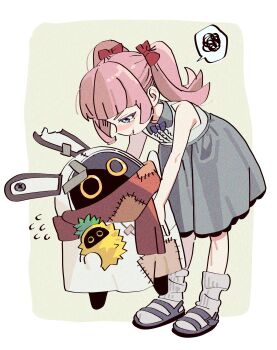 1girl absurdres bangboo_(zenless_zone_zero) bare_shoulders blue_eyes character_request closed_mouth dress grey_dress grey_socks highres leaning_forward long_hair pd_honey pink_hair sandals socks tearing_up zenless_zone_zero