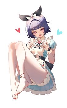 1girl barefoot black_hair feet heart heart_hands highres light_blush looking_at_viewer majo_(pastamajo) medium_hair open_mouth red_eyes toes