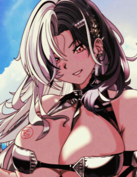 1girl artist_logo between_breasts bikini black_bikini black_hair breasts cleavage commentary day dkcyarts english_commentary eyepatch_bikini goddess_of_victory:_nikke highres huge_breasts logo long_hair looking_at_viewer multicolored_hair official_alternate_costume outdoors red_eyes rosanna_(chic_ocean)_(nikke) rosanna_(nikke) smile solo spiked_ear_piercing split-color_hair strap_between_breasts swimsuit two-tone_hair upper_body white_hair