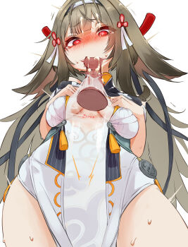 1boy 1girl absurdres accessories bar_censor blush breasts brown_hair censored china_dress chinese_clothes clover clover_hair_ornament commentary_request cowboy_shot cum cum_in_mouth cum_on_body disembodied_penis dress erection facial fellatio from_below hair_ornament hairband heart heart-shaped_pupils highres large_variant_set long_hair looking_at_penis looking_down medium_breasts motion_lines open_mouth oral penis pochi_ta red_eyes see-through_clothes simple_background speech_bubble sweat symbol-shaped_pupils tears thought_bubble torn_clothes torn_dress twitching variant_set veins veiny_penis very_long_hair white_background white_dress white_hairband ye_shunguang zenless_zone_zero